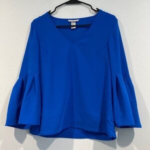 H&M Royal Blue Long Bell Sleeve V-Neck Blouse - Size 4